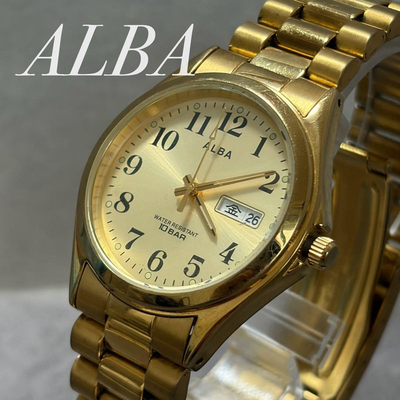 ALBA SEIKO Mens Quartz Watch 34mm Gold Tone 10 BAR WR Day Date Working