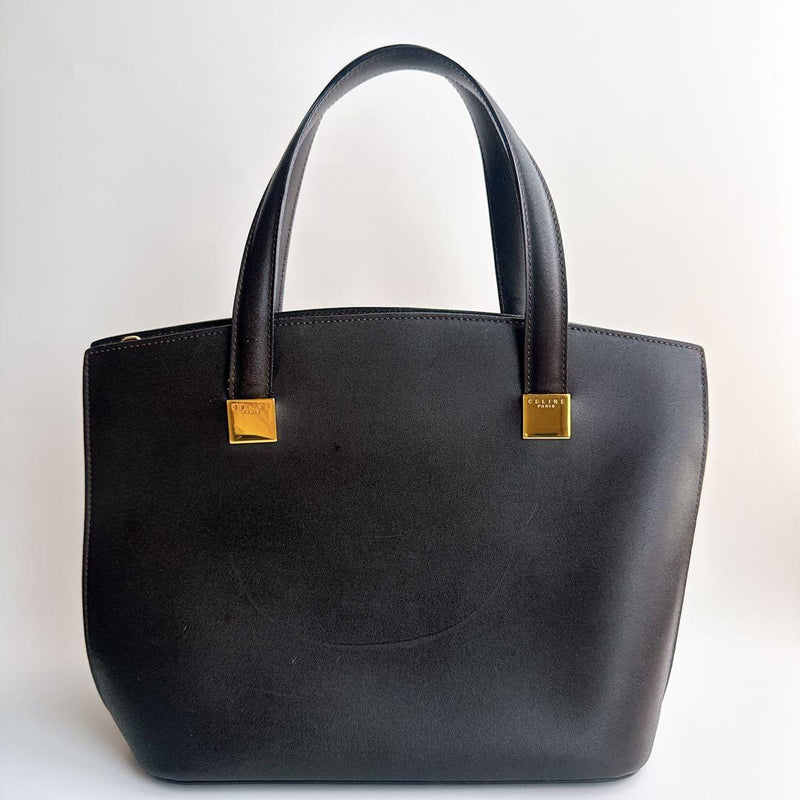 CELINE Tote Bag RCB13685 Black Dark Brown Leather Gold 22cm H 31cm W