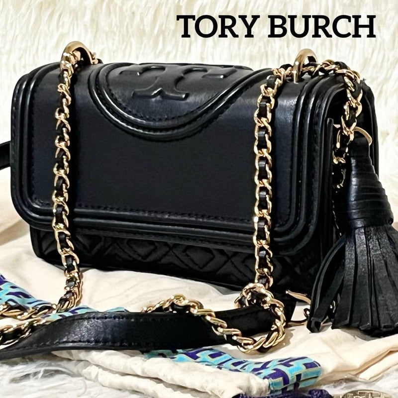 TORY BURCH Fleming Mini Chain Shoulder Bag Leather Black 3.9x6.3x2in Tassel