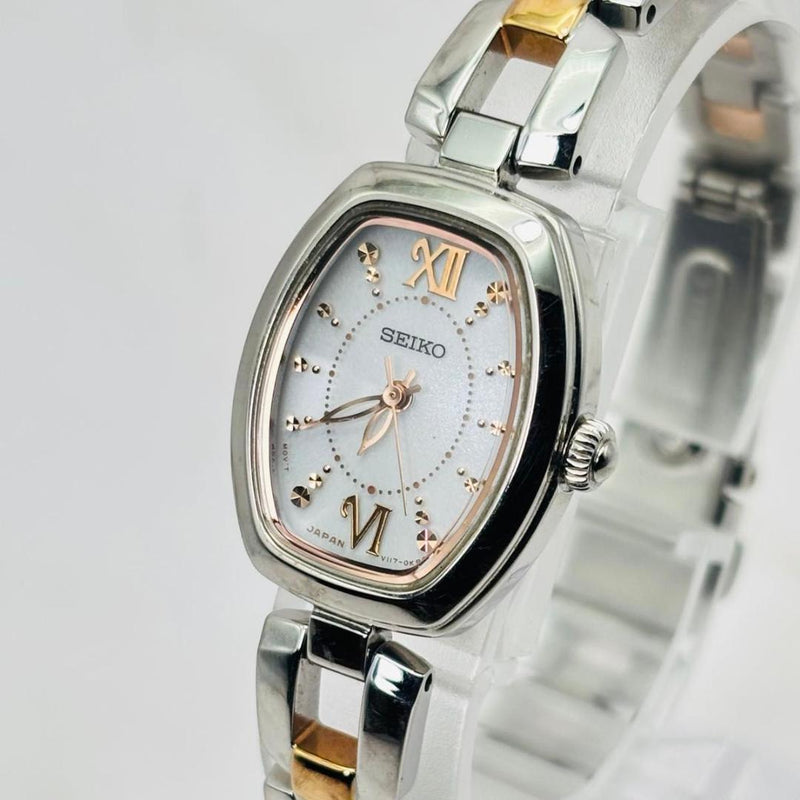 SSVR140 Solar Tonneau Silver Pink Gold White Dial Ladies Watch 20mm