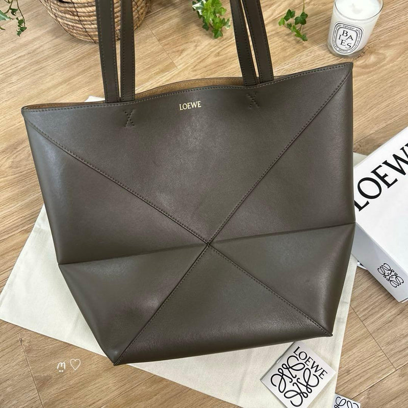 LOEWE Puzzle Fold Tote Medium A779G50X34 Shiny Calf Leather Dark Khaki Green