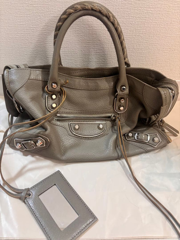 BALENCIAGA The City Handbag Grained Leather Khaki Greige Studs Zip Pocket Mirror