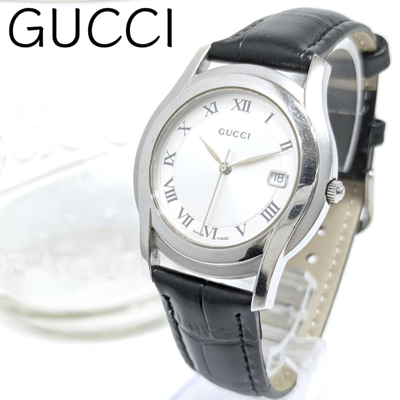 GUCCI Quartz Silver Case Silver Dial Roman Date 35mm Mens Watch 18mm Black Band