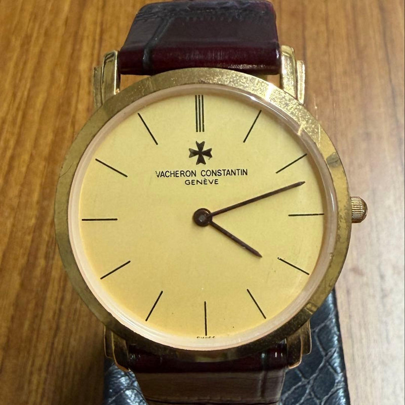 unknown Quartz Gold Color Round Case Dark Brown Leather Band Dress Wristwatch