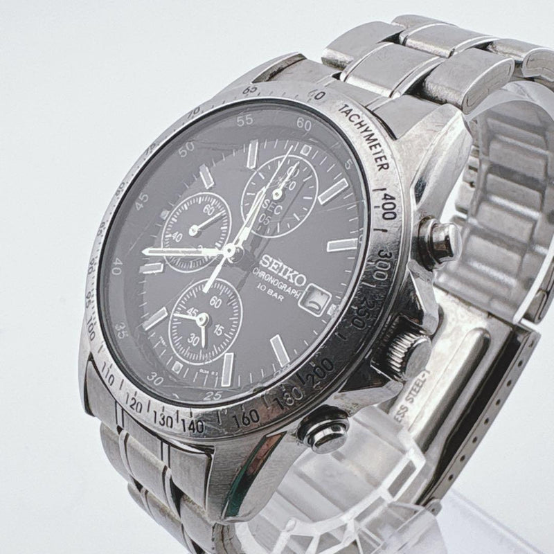 SEIKO Chronograph 7T92-0DW0 Quartz SS Black Dial Date 10 BAR Watch 38-39mm