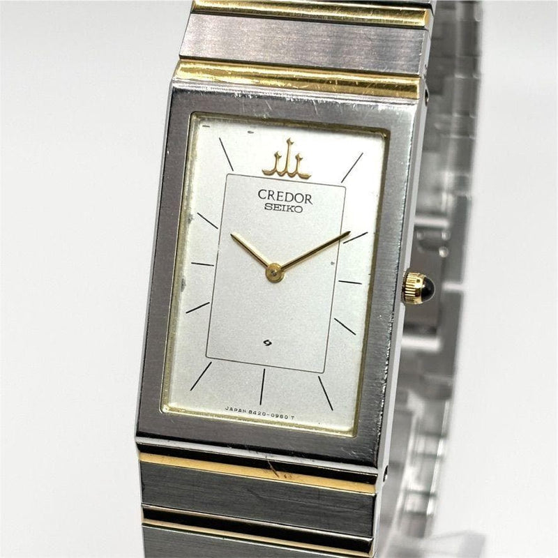 SEIKO CREDOR 8420-6400 Quartz 22KT SS Two Tone 20mm Rectangular Silver Dial