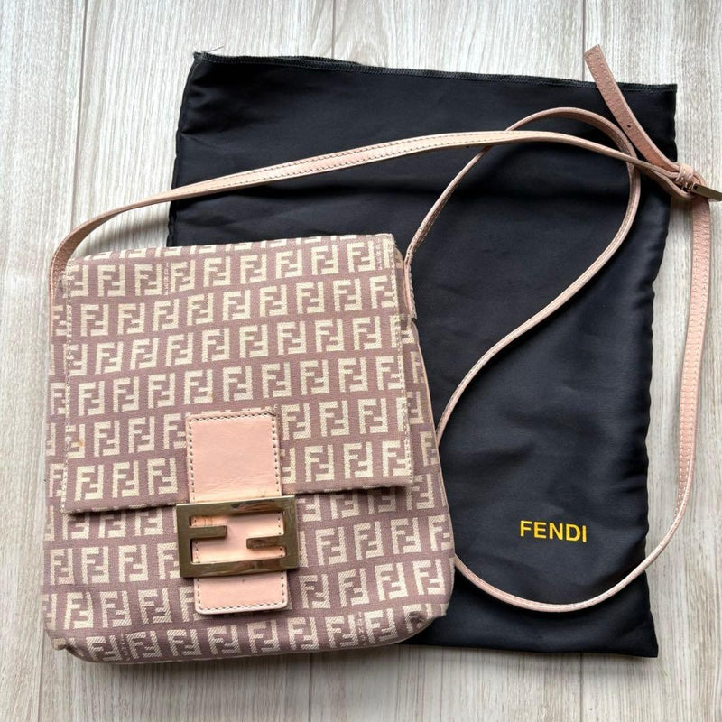 FENDI Zucchino Shoulder Bag Canvas Pink Beige Gold Hardware Flap 22cm H 23cm W