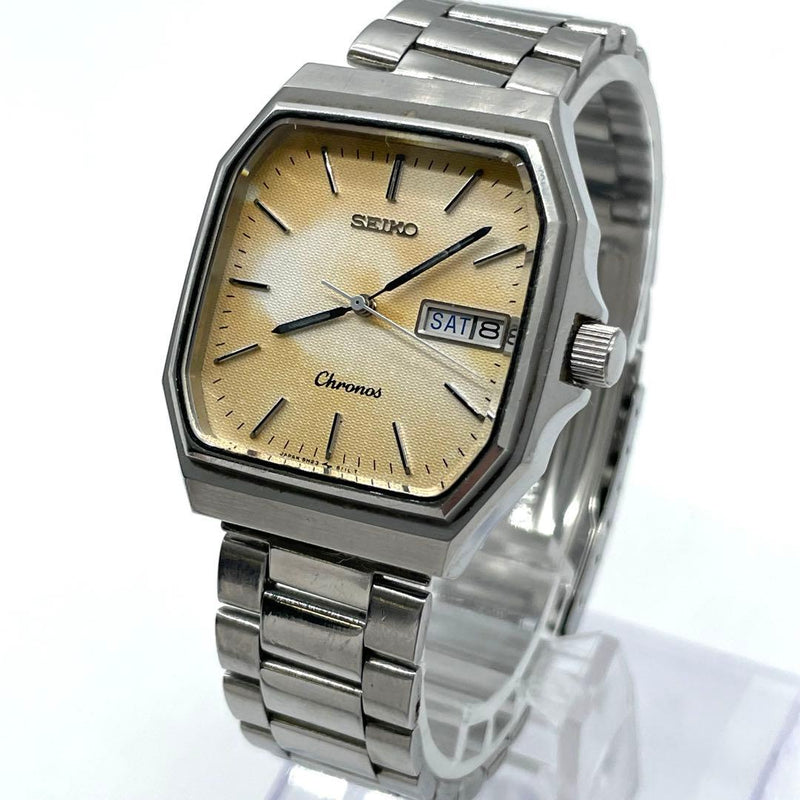 SEIKO Chronos 5H23-5100 Quartz Mens Octagonal Case White Dial Day-Date Display