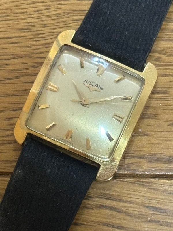 VULCAIN Manual Square Gold Tone Case Gold Dial Watch Stainless Steel Back Black