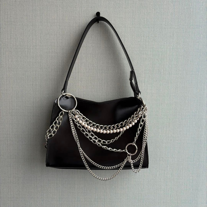 JUNYA WATANABE Pearl Silver Chain Shoulder Bag Black Leather H6 W9.5 D3 in 2023
