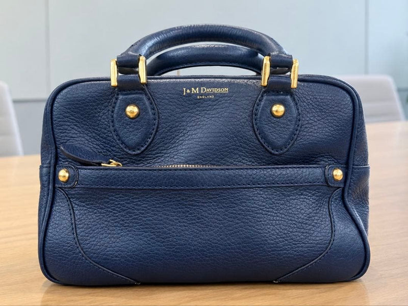 J&M DAVIDSON Handbag Navy Grained Leather Gold Tone Hardware Suede Lining