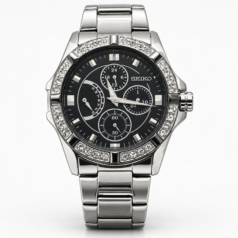 SEIKO International Edition Quartz Movement Chronograph Diamond Black Dial Watch