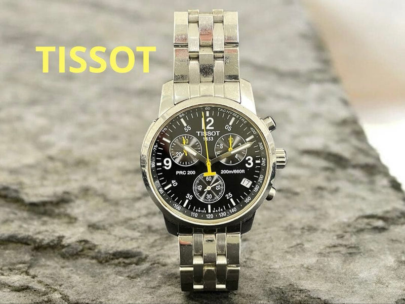 TISSOT Chronograph Watch T461 38mm Stainless Steel Silver Black Dial Yellow