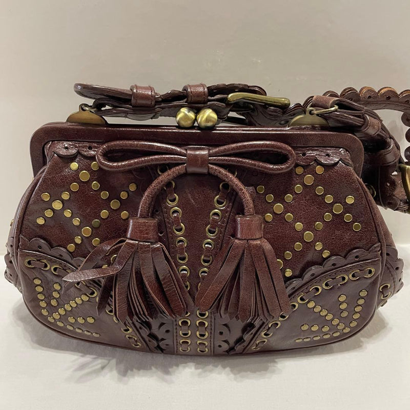 Isabella Fiore Dark Brown Leather Studded Kiss-lock Bag 26x15x8cm Y2K