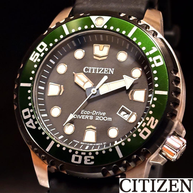 Promaster Eco-Drive 44mm Black Dial 200m Black Green Bezel Black Band
