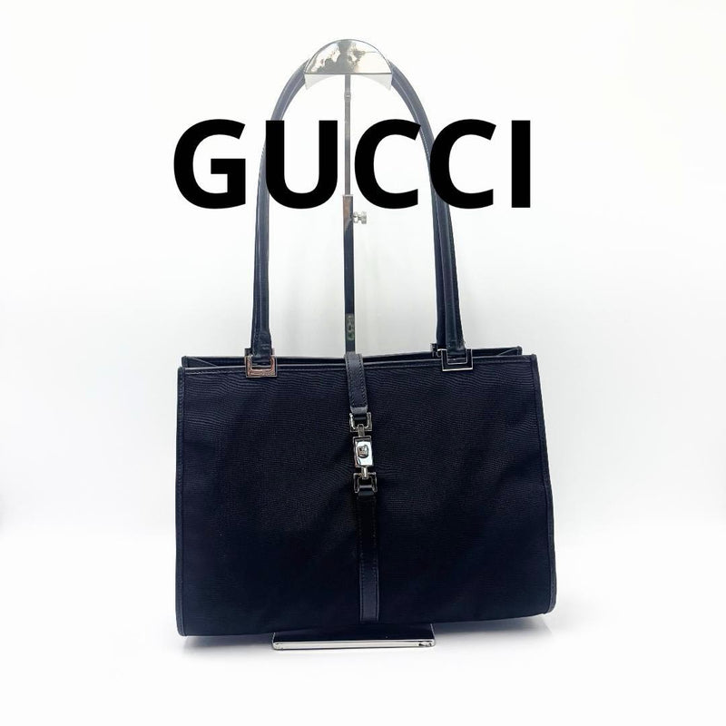 GUCCI Jackie Handbag Tote Black Canvas Leather Silver Hardware 30.5x23x8cm
