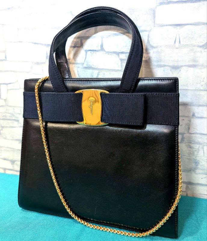 Salvatore Ferragamo Vara Ribbon 2WAY Handbag Leather Navy 24x20x10cm Gold Chain