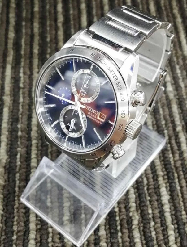 Seiko SBPY115 Watch Solar Chronograph Stainless Steel Navy Dial Bracelet