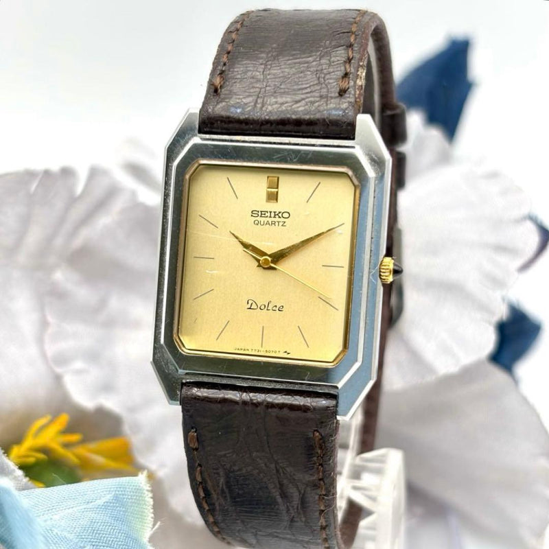 SEIKO Dolce Quartz Analog Gold Tank Watch 26mm Gold Dial Brown Leather 18mm