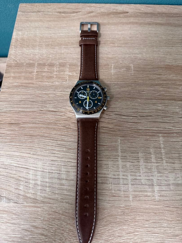 Swatch YVS530 Quartz Watch 43mm SS Black Dial Brown Leather Chronograph