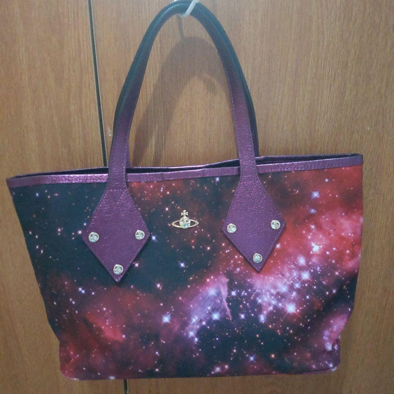 Vivienne Westwood Galaxy Print Orb Tote Bag Metallic Purple Handles 40x23x12cm