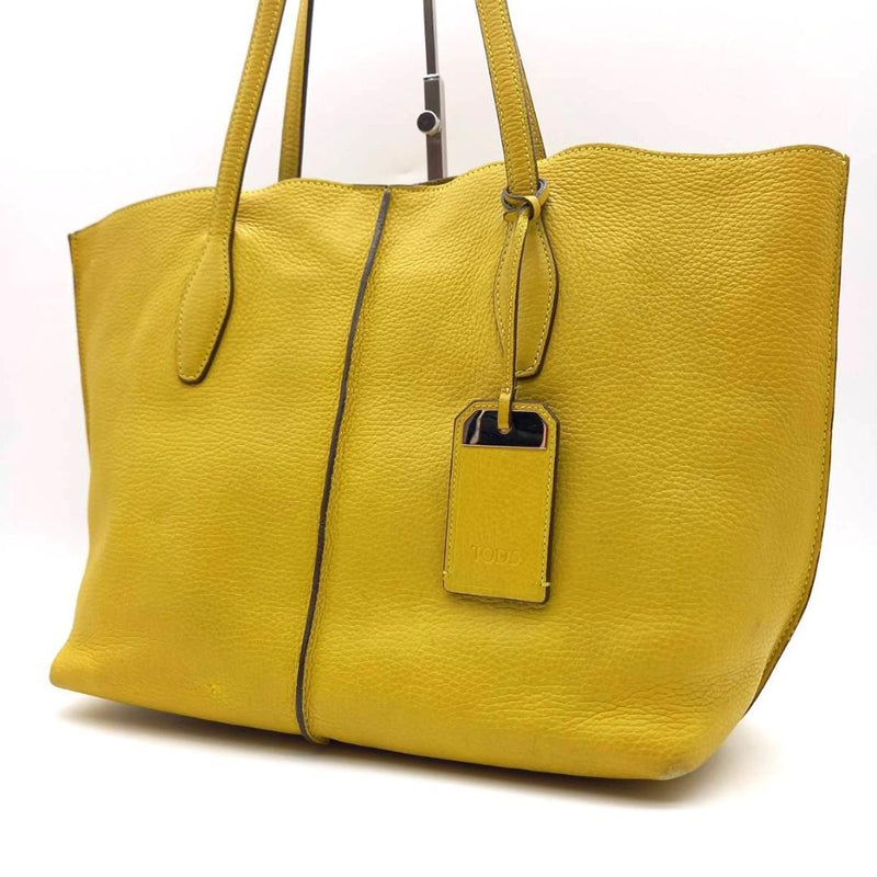 Tods Joy Tote Bag Pebbled Leather Yellow 9.8x12.2x5.9in Shoulder A4 Italy