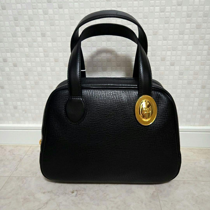 Christian Dior Black Embossed Leather Handbag W26 H19 D11cm 90s France Gold CD