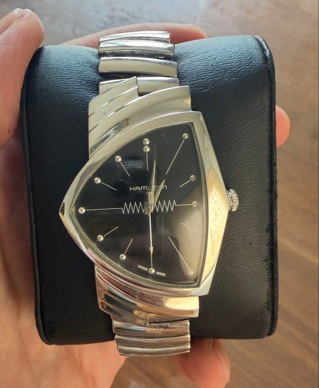 HAMILTON Ventura Quartz Watch Black Dial Triangular Case Leather Strap Bracelet