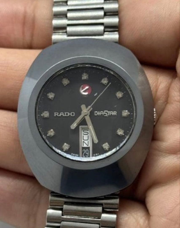 RADO DIASTAR Mens Automatic Analog Day-Date Black Diamond Dial Oval Case Watch
