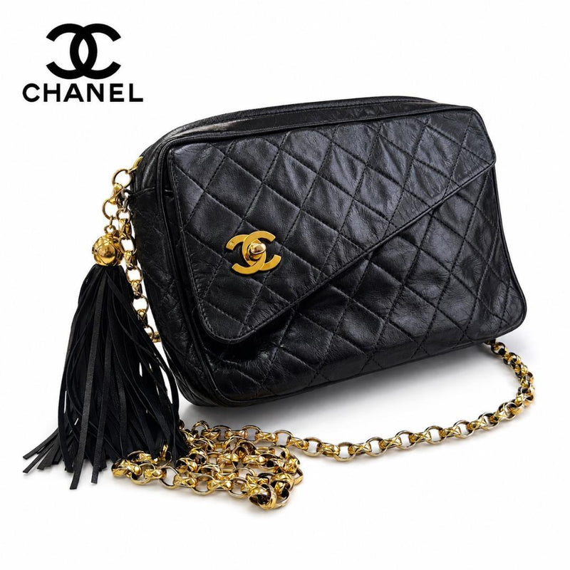 CHANEL Fringe Chain Shoulder Bag Black Lambskin W23.5xH5.5xD18.5 114cm