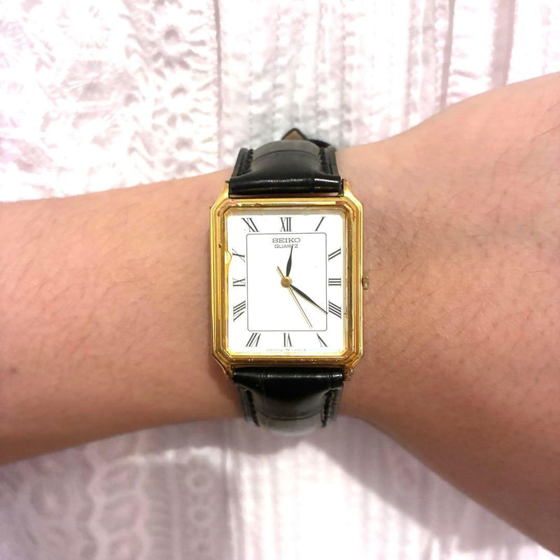 SEIKO 5Y31-5A80 Quartz Watch Gold Tone Rectangular White Dial Black Leather 18mm