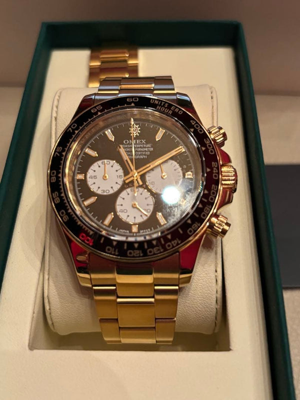 OMEX DENMA Watch Quartz Chronograph Gold Case Gold Bezel Gold Dial Sapphire