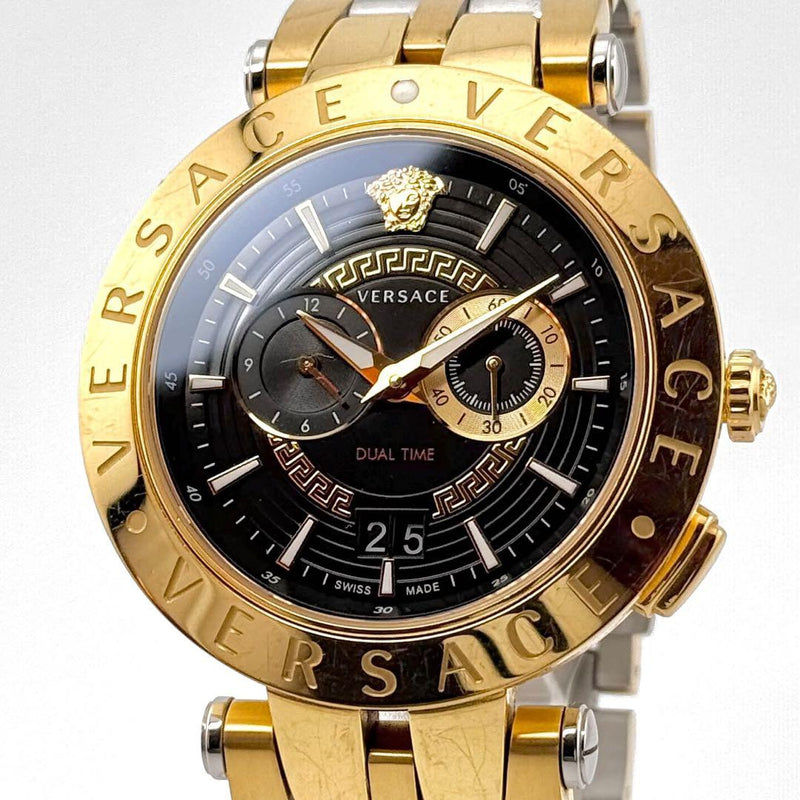 VERSACE VEBV00519 V-RACE Quartz SS 46mm Black Gold Greca Chrono Dual Time Watch