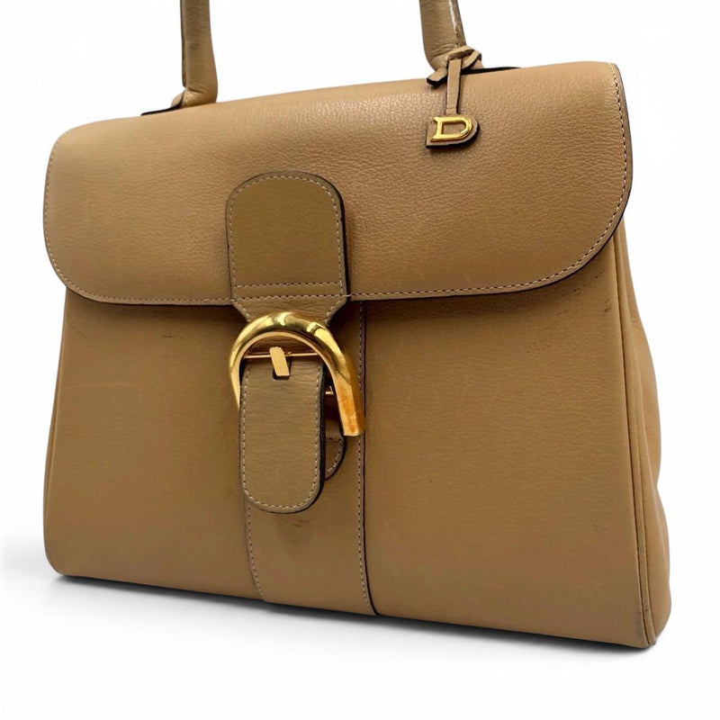 DELVAUX Brillant Top Handle Handbag Calf Leather Camel Brown 26x22x13cm Gold