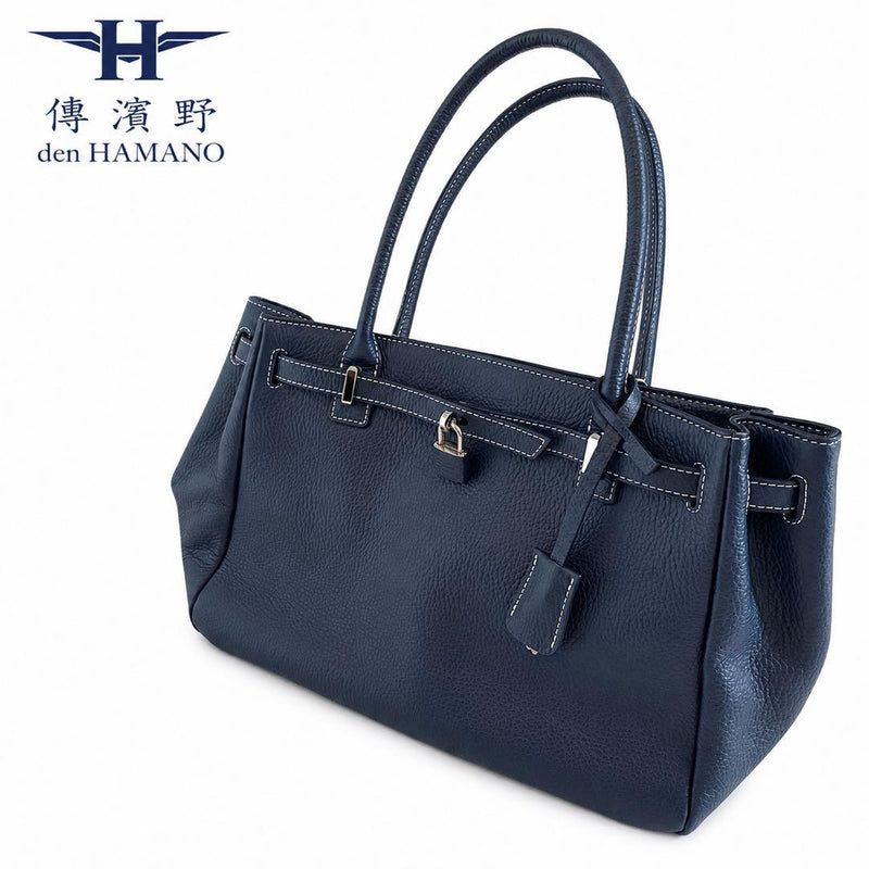 傳濱野 den HAMANO Mietia Genuine Leather Tote Bag Navy 40x22x12cm Padlock Key