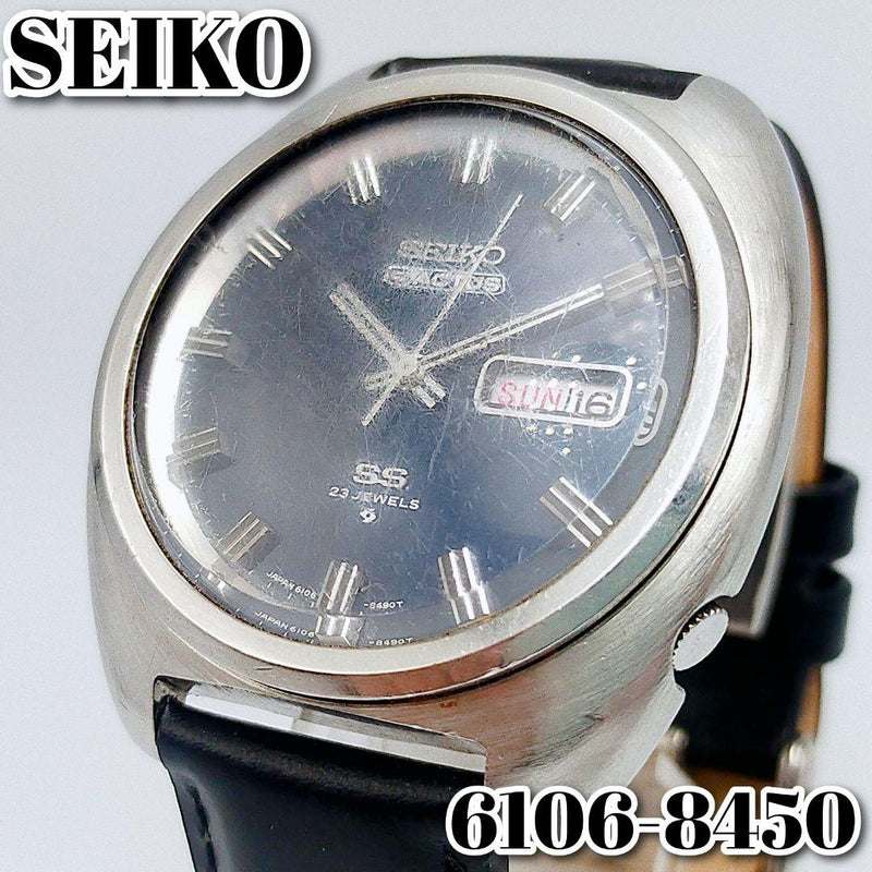 SEIKO 5 Actus SS 6106-8450 Automatic 23J 37.7mm Black Leather Watch 1969