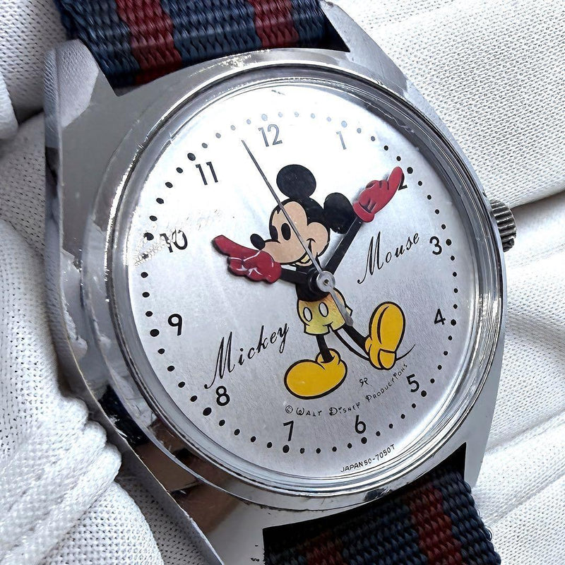 Disney Time 5000-7000 Mickey Mouse Hand Wind Watch 35mm Silver Dial