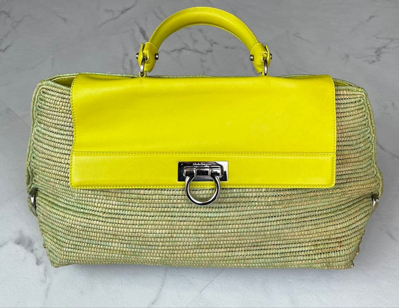 Salvatore Ferragamo Sofia Bag Leather Straw Yellow-Green Silver Gancini