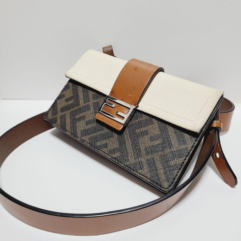 FENDI Baguette Slim Clutch Zucca FF Jacquard Leather Shoulder Bag White Brown