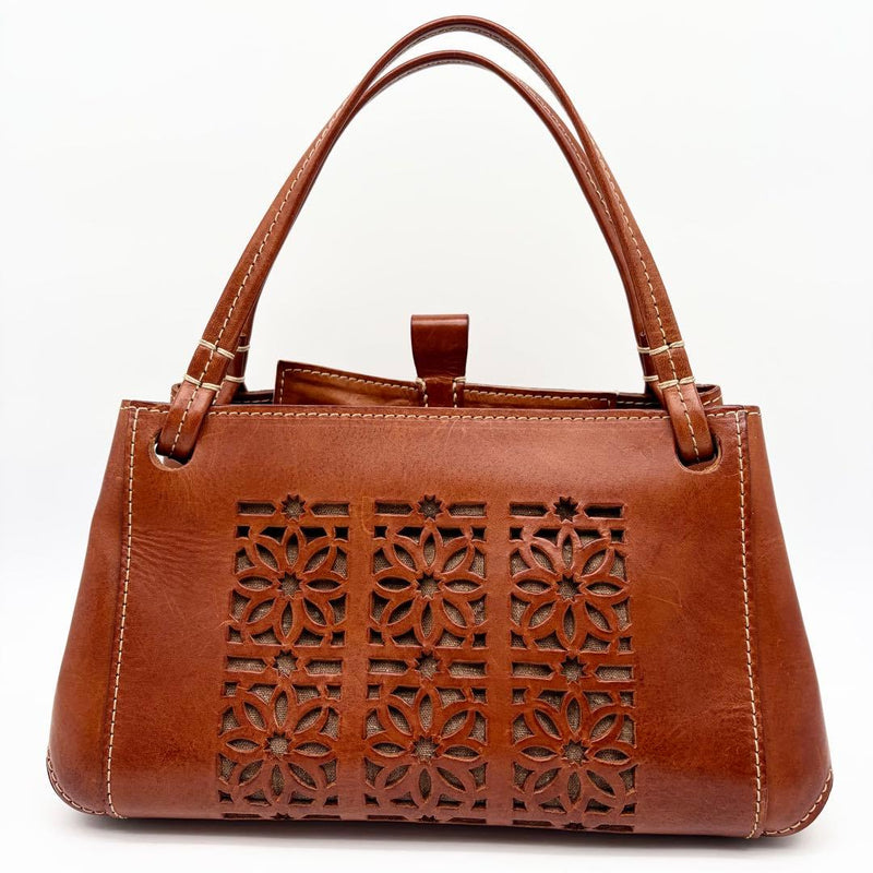 Genten Handbag Brown Leather Flower Cutwork H16 W30 D15cm ITEFFPWEMIK0