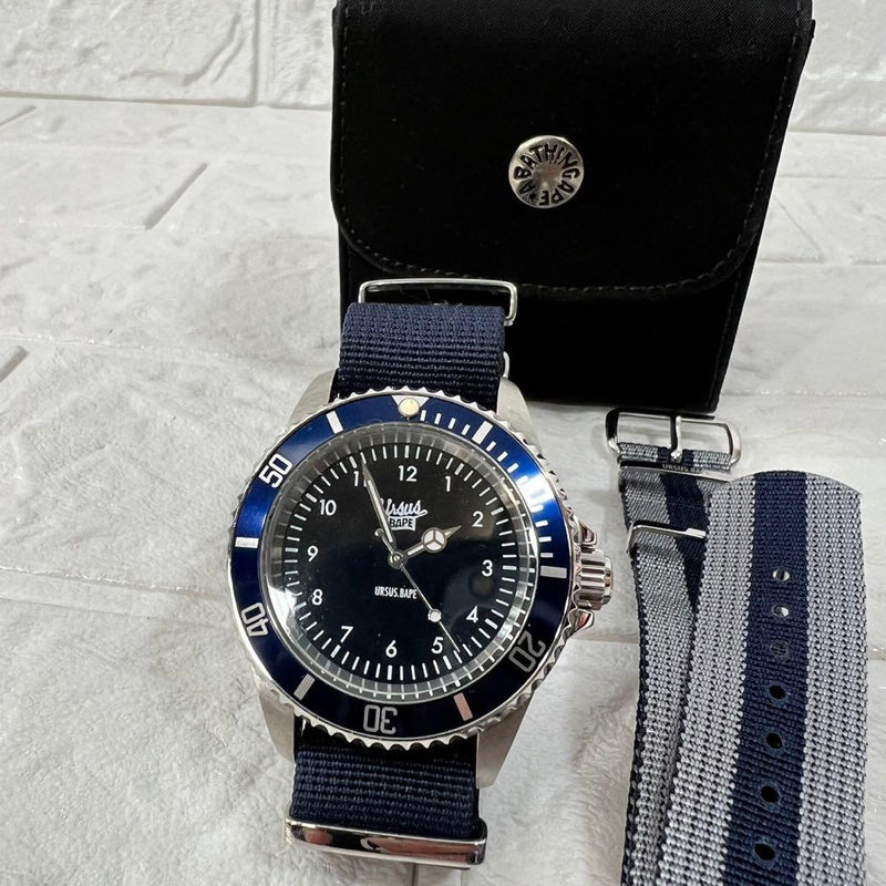 A Bathing Ape Bapex Ursus Watch Blue Dial Blue Nylon Band Box Replacement Belt