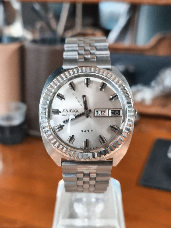 ENICAR DURIT Automatic Watch Silver Day Date Fluted Bezel Jubilee Bracelet