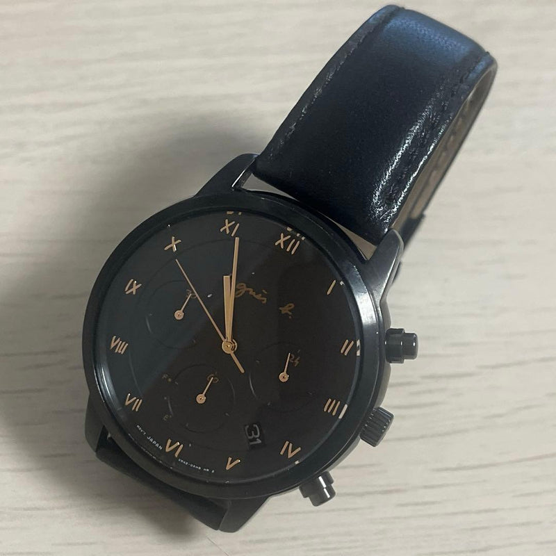 Agnes B V654-6110 Chronograph Watch Limited Edition Quartz Black Dial Leather