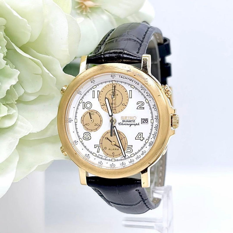 SEIKO 7T42-7A20 Chronograph Quartz Analog Watch 40mm Case Gold White Black