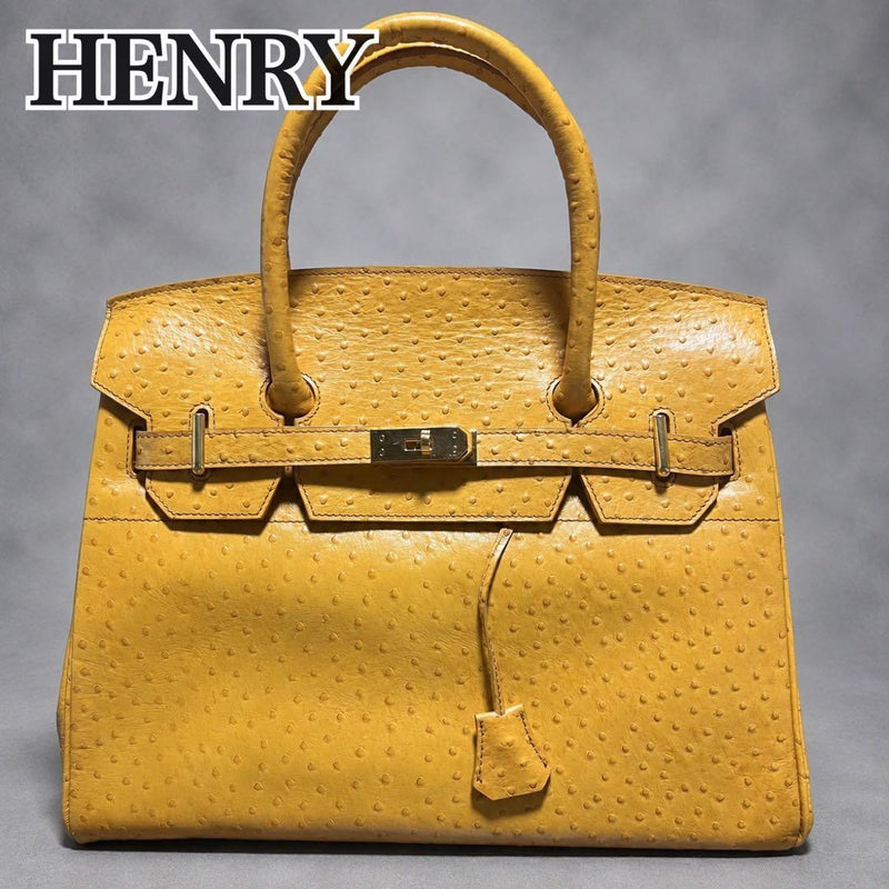 HENRY ITALY Cadena Ostrich Embossed Leather Handbag Yellow Silver Hardware