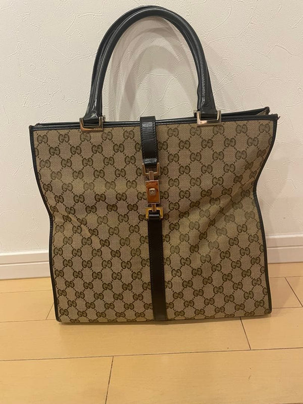 GUCCI Jackie GG Canvas Leather Tote Bag Beige Dark Brown W32 H31 D11cm
