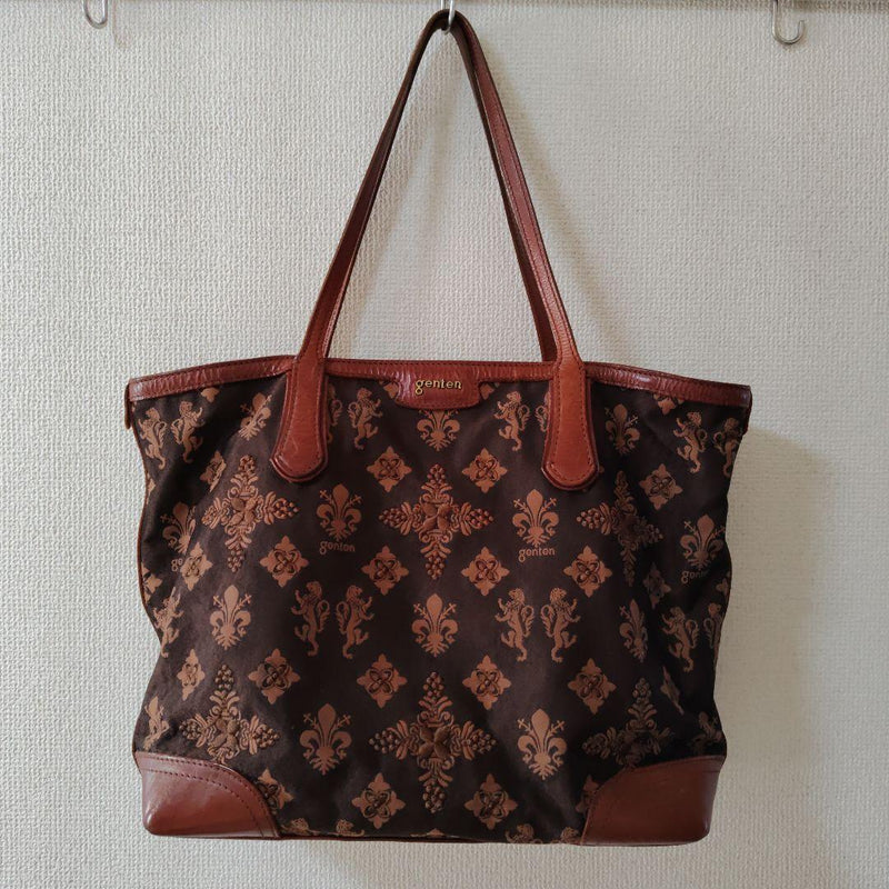 Genten Tote Bag Leather Textile Brown A4 Capacity Large
