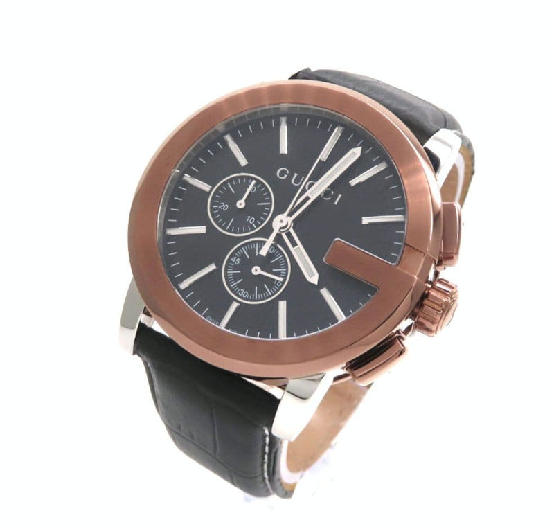 GUCCI G Chrono YA101202 Quartz Chronograph 44mm Black Gold Leather Watch Mens