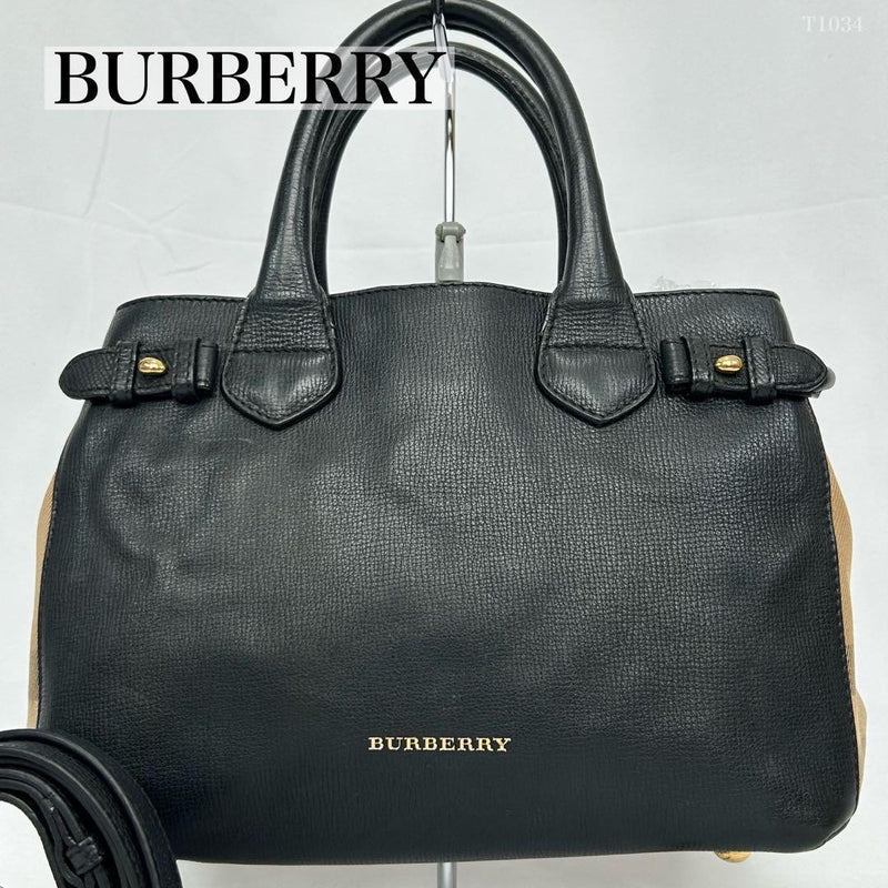 BURBERRY London 2way Banner Bag Nova Check Black Leather 19cm H 31cm W 12cm D