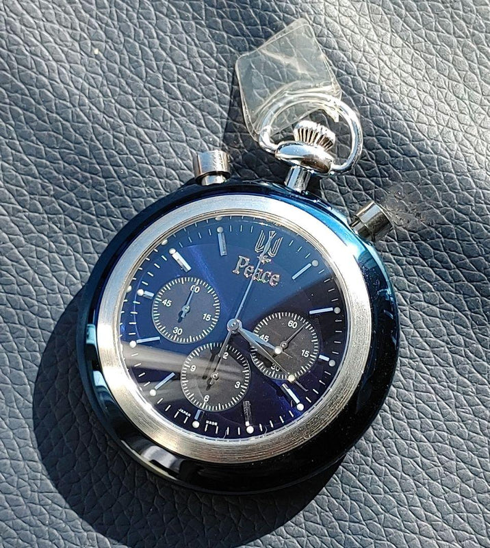 Peace Design Pocket Watch Chronograph 925 Sterling Silver 42mm Quartz Chain Box